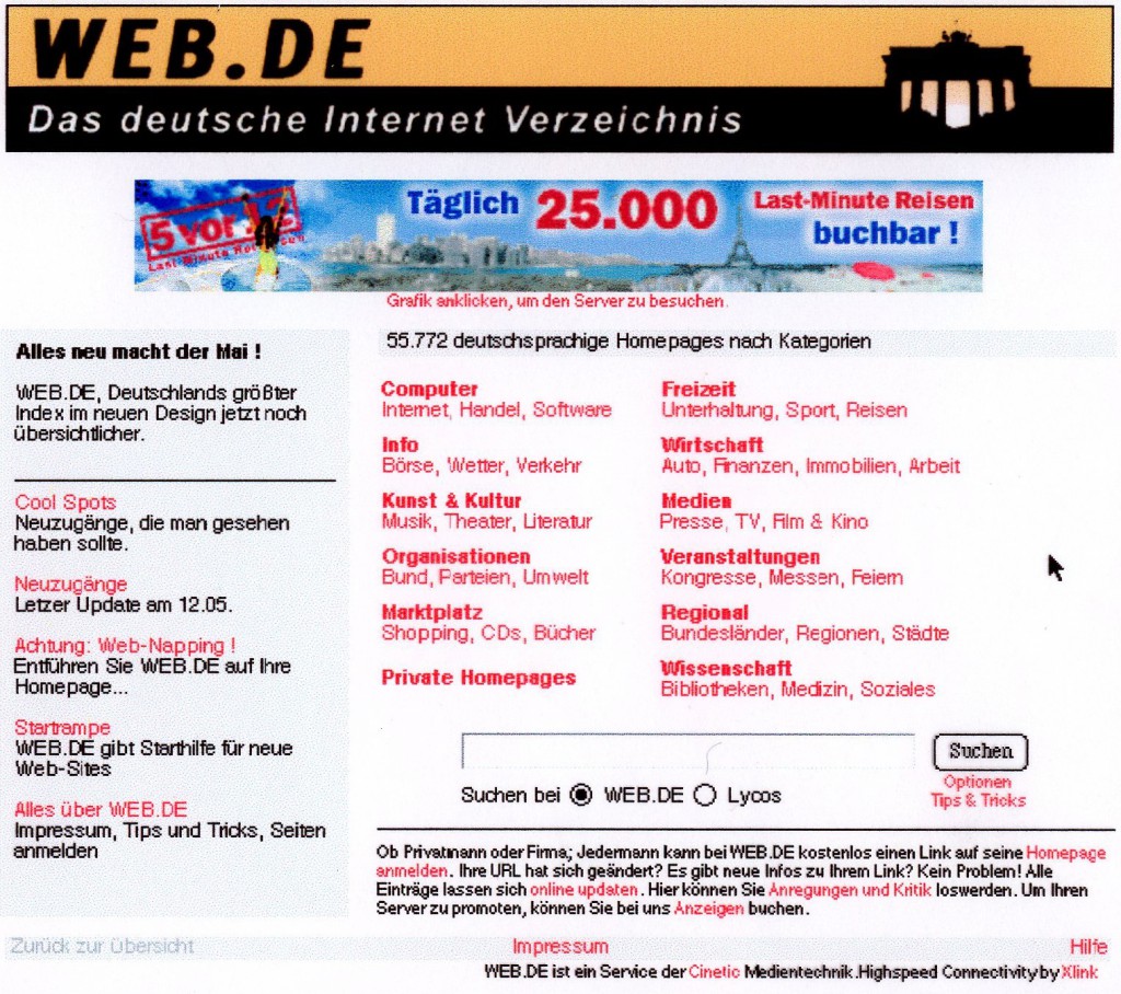 So sah WEB.DE in den Anfangsjahren aus. Ein Screenshot zeigt die Hompage im Jahr 1997. (c) WEB.DE