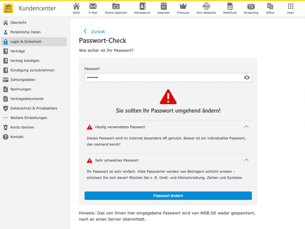 Im Kundencenter finden Nutzerinnen und Nutzer den Passwort-Check. (c) WEB.DE